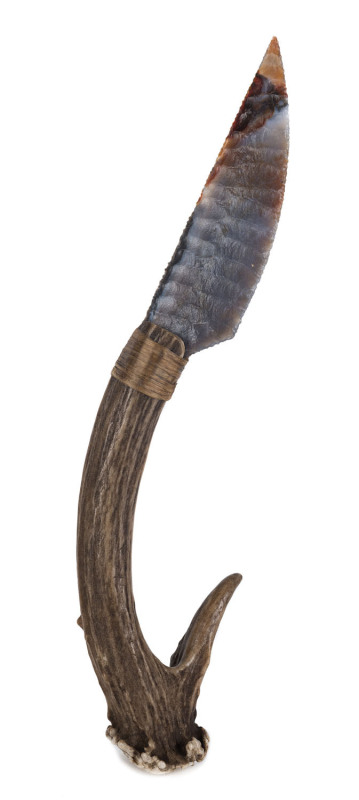 A hunting knife with knapped stone blade, antler handle and sinew binding, 20th century, ​24cm long