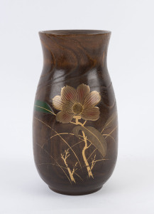 A Japanese elm vase with lacquered floral decoration, Showa period, 20th century, 30cm high