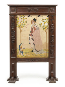 An Arts and Crafts fire screen with fine silk embroidered panel and carved walnut frame titled "AUCASSIN AND NICOLETTE", late 19th century, 81cm high, 55cm wide, 24cm deep