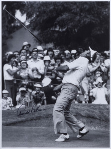 ARNOLD PALMER: photograph by Bruce Postle of Palmer venting his frustration after missing a 40ft putt for victory at the 1978 Victorian Open held at the Metropolitan Golf Club, Melbourne. Palmer finished runner-up in the tournament after losing the play-off to English professional Guy Wolstenhome. Framed and glazed, overall 69.5 x 54cm.