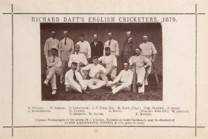 RICHARD DAFT’S ENGLISH TEAM, 1879: original albumen photograph with fully printed details to the surround, laid down to original presentation paper backing, overall 10.5 x 15cm. The image depicts a strong side Daft took to North America in late 1879, which beat a XV of Philadelphia.