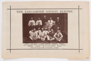 'THE LANCASHIRE COUNTY ELEVEN' c1881, rare and early cabinet card photograph of the Lancashire team, standing and seated in rows, in cricket attire. Players featured include A.N. Hornby (Cpt), O.P Lancashire, A.G. Steele, V.P.F.A. Royle, A. Watson, A.N. Hornby, A. Appleby, J. Briggs. "From a photograph by Mr. C. Voss Bark, of Clifton.