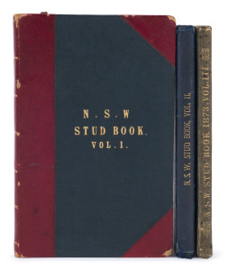"The Stud book of New South Wales, Containing Pedigrees of Race Horses, &c., &c., &c. from the earliest arrivals in the colony to the present time." Volumes 1, 2 and 3, 1859-73, compiled and edited by Price, Mostyn, Cox & Scarr for the Agricultural Society of New South Wales. Mixed hardcover bindings; vols 1 & 3 complete; vol.2 lacks introductory pages.