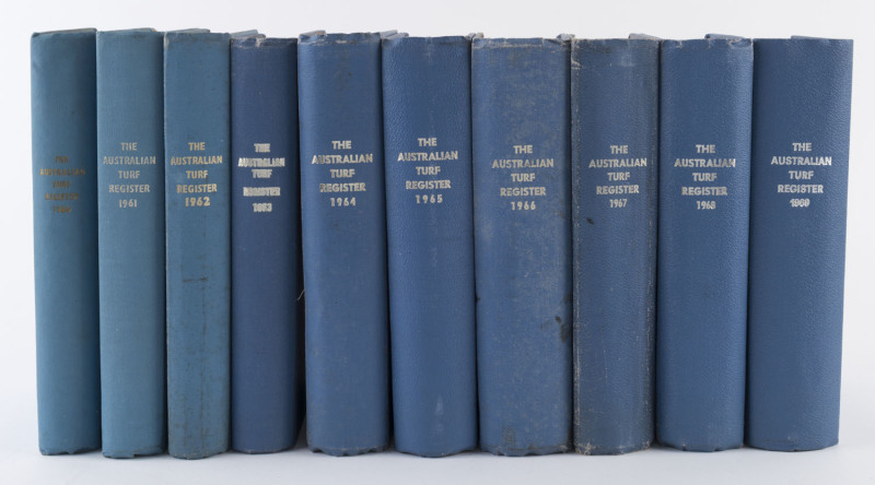 "The Australian Turf Register" - 10 volumes: 1960 - 1969 complete. Large, hard-cover books; mixed condition.