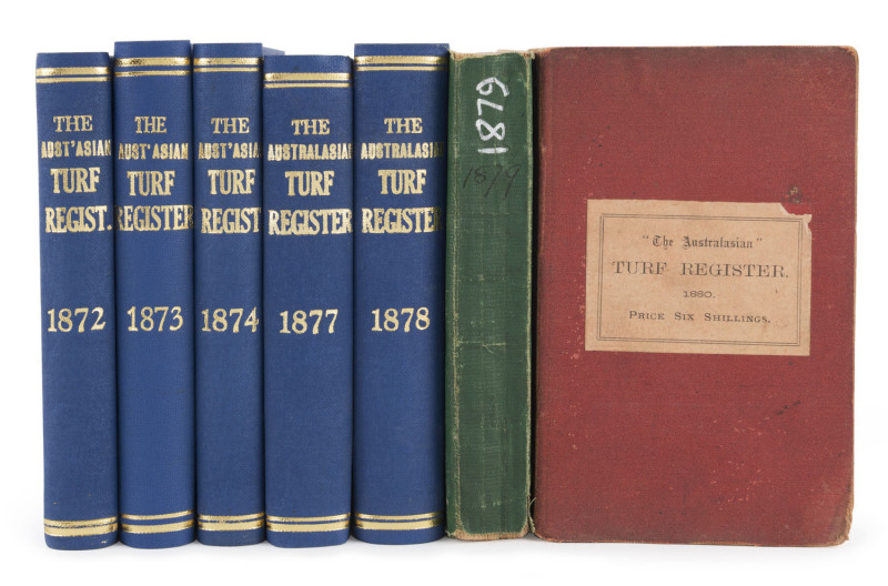 "The Australasian Turf Register", 1872 - 74 and 1877 - 78, five volumes rebound in blue cloth with gilt titles; also the 1879 and 1880 editions with cloth covers; the 1880 with original upper label. (7 volumes). Mixed condition.