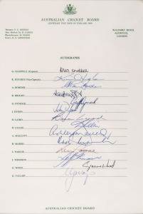 AUSTRALIA - CENTENARY TEST TOUR OF ENGLAND 1980: Official team sheet with 14 signatures including Greg Chappell (captain), Kim Hughes (v.c.), Alan Border, Dennis Lillee and Rod Marsh.