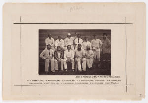 THE GLOUCESTERSHIRE ELEVEN IN 1877: original albumen photograph with fully printed details to the surround, laid down to original presentation paper backing, overall 10.5 x 15cm. The image depicts a side featuring W.G., E.M. & G.F. Grace, as well as several other players who represented England. Gloucestershire won the (unofficial) County Championship in 1877 and W.G.Grace was the leading batsman in the competition. It was the year of the first Test Match against Australia.