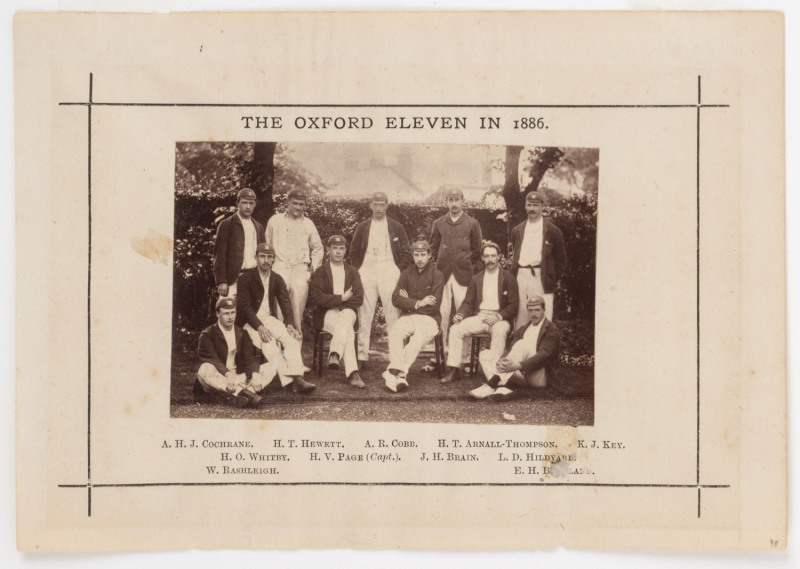 THE OXFORD ELEVEN IN 1886: original albumen photograph with fully printed details to the surround, laid down to original presentation paper backing, overall 10.5 x 15cm.  The image depicts a side led by H.V. Page. At their 22nd annual meeting, Oxford beat