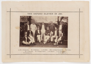THE OXFORD ELEVEN IN 1886: original albumen photograph with fully printed details to the surround, laid down to original presentation paper backing, overall 10.5 x 15cm. The image depicts a side led by H.V. Page. At their 22nd annual meeting, Oxford beat Cambridge by 133 runs. K.J. Key and W. Rashleigh put on 243 for the first wicket in Oxford's 2nd innings, scoring 143 and 107 respectively; no one else reached double figures and the innings ended at 304; in those pre-declaration days