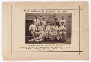 THE YORKSHIRE ELEVEN IN 1885: original albumen photograph with fully printed details to the surround, laid down to original presentation paper backing, overall 10.5 x 15cm. The image depicts a side led by Louis Hall and featuring several players who represented England, including Ulyett, Bates, Emmett, Hunter and Lee.