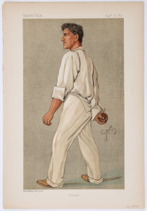 Samuel Moses Woods (1867 - 1931) featured chromolithograph titled "Sammy" by "Stuff) from the 8th Aug.1892 edition of Vanity Fair. Overall 38.5 x 26cm. Woods was an Australian who represented both Australia and England at Test cricket, and appeared thirte