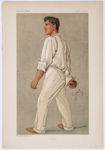 Samuel Moses Woods (1867 - 1931) featured chromolithograph titled "Sammy" by "Stuff) from the 8th Aug.1892 edition of Vanity Fair. Overall 38.5 x 26cm. Woods was an Australian who represented both Australia and England at Test cricket, and appeared thirteen times for England at rugby union, including five times as captain. He also played at county level in England at both soccer and hockey.