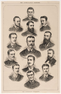 AUSTRALIA in ENGLAND 1880: A full page steel engraving titled "The Australian Cricketers" from "The Australasian Sketcher" depicting the touring squad of 13 who visited England in 1880. The Australian cricket team in England in 1880 played nine first-clas