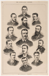 AUSTRALIA in ENGLAND 1880: A full page steel engraving titled "The Australian Cricketers" from "The Australasian Sketcher" depicting the touring squad of 13 who visited England in 1880. The Australian cricket team in England in 1880 played nine first-class matches including one Test, which was the first ever played in England. They were captained by W.L. Murdoch and the team included Blackham, Bannerman, Spofforth.