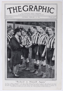 "Richard is Himself Again" full front page photogravure of "The Graphic" for Feb.23, 1924 showing the Prince of Wales greeting the Oxford University team prior to their match against Tonnenham Hospurs at Tottenham; accompanied by a range of engravings, etchings and photogravures, circa 1840s to 1920s, from various publications including "The Illustrated London News", "Boys Own Annual", "The Graphic", etc. (20+ different images; several full page). Some rarely seen.