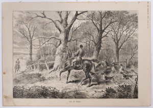 THE HUNT: A collection of mainly full-page etchings, engravings, lithographs and other illustrations of events, horses and riders, mishaps and falls, mainly from the English "The Illustrated Sporting and Dramatic News", "The Illustrated London News", of the 1880s. Mainly the work of John Sturgess & T.G. Temple; one by Carle Vernet. (23 different).