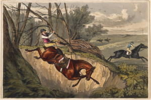 THE STEEPLECHASE: ARTIST UNKNOWN: A group of seven (7) original hand-coloured aquatints, circa 1830, depicting dramatic events during a steeplechase. Three are 11.5 x 19.2cm; four are 9 x 13.8cm.