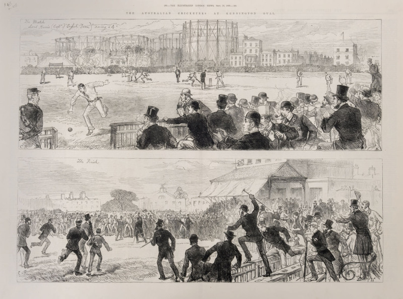 "The Australian Cricketers at Kennington Oval", double-page illustration published in The Illustrated London News, 18, 1880, the top half of pp 280-281; captioned within the borders of the sketch is “The Match – Lord Harris (Captn of English Team) Saving