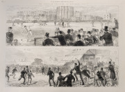 "The Australian Cricketers at Kennington Oval", double-page illustration published in The Illustrated London News, 18, 1880, the top half of pp 280-281; captioned within the borders of the sketch is “The Match – Lord Harris (Captn of English Team) Saving