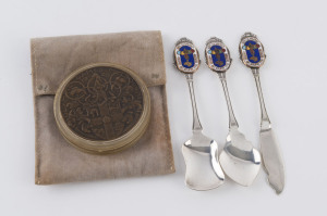 1956 MELBOURNE - PARTICIPATION MEDAL: designed by Andor Mezaros, minted in bronze by K.G. Luke of Melbourne, 63mm diameter, weight 105gr; fine condition; also souvenir silver plate teaspoons (2) & a butter knife.