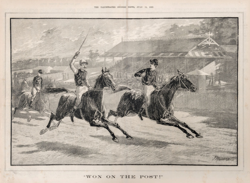 Francis Prout MAHONY (1862 - 1916) "Won on the Post" a double-page engraving from the July 15, 1887 edition of "The Illustrated Sydney News", overall 39 x 52.5cm. Also, "Derby Day Sketches" by Harry Furniss, a double page from the June 4, 1881 edition of