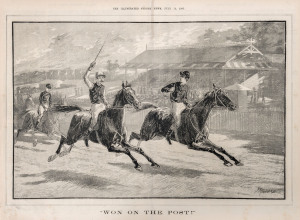 Francis Prout MAHONY (1862 - 1916) "Won on the Post" a double-page engraving from the July 15, 1887 edition of "The Illustrated Sydney News", overall 39 x 52.5cm. Also, "Derby Day Sketches" by Harry Furniss, a double page from the June 4, 1881 edition of "The Illustrated London News" and "The Grand National Steeplechase at Liverpool" by John Burgess, a double-page from the April 1, 1882 edition of "The Illustrated Sporting and Dramatic News". (3 items).