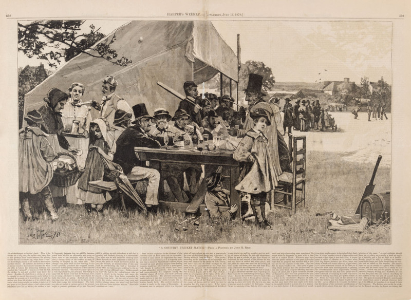 "A Country Cricket Match" from a painting by John Reid, reproduced as a double-page spread in the July 12, 1879 edition of "Harper's Weekly". [The original oil painting is in the Tate Britain collection]; overall 41 x55.5cm. Also, "Sketches at the Eton an