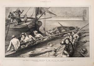 1877 - 1890 group of (6) double-page illustrations from the periodicals, including "The Foul - A Coxswain's Nightmare on the eve of the University Boat Race" from "The Graphic" 1877; "A Country Cricket Match" by John Reid, from "Harper's Weekly 1879; "Ste