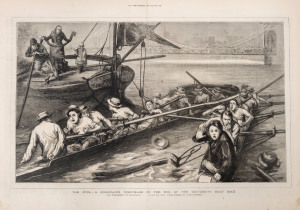 1877 - 1890 group of (6) double-page illustrations from the periodicals, including "The Foul - A Coxswain's Nightmare on the eve of the University Boat Race" from "The Graphic" 1877; "A Country Cricket Match" by John Reid, from "Harper's Weekly 1879; "Steeplechasing - The First Over the Fence" from "The Graphic" 1881; "Trotting in America - Mr. Bonner's Breeding and Training Establishment" from "The Illustrated Sporting and Dramatic News" 1884; and 2 others. Each overall approx. 40 x 55cm.