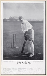 "Famous Cricketers and Cricket Grounds"; edited by C. W. Alcock; published by Hudson & Kearns, London: a selection of 7 full page photogravure portraits by E. Hawkins & Co.: T.W.Garrett (Australian Test Player), G.L. Wilson (Oxford University, Sussex, Victoria), A.H. Jarvis (Australian Test Player), J.J. Ferris (Australian Test Player), H. Graham (Australian Test Player), J. T. Mounsey (Yorkshire), and, Sydney Crosfield (Cheshire & Lancashire). (7). All attractively mounted; each 47 x 34cm.