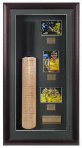 2005 ICC SUPER SERIES - ONE-DAY INTERNATIONAL SERIES: full sized cricket bat with signatures of the two competing teams, the Australia squad incl. Ricky Ponting (captain), Adam Gilchrist (vice-captain), Michael Clarke, Mike Hussey & Glenn McGrath; the World XI squad incl. Shaun Pollock (captain), Rahul Dravid, Brian Lara, Andrew Flintoff, Chris Gayle, Kevin Pietersen & Muttiah Muralitharan; the display completed with three photographs from the series