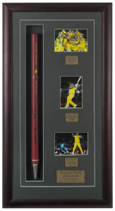 2005 ICC SUPER SERIES - ONE-DAY INTERNATIONALS: display featuring match stump signed by Australian captain Ricky Ponting and ICC World XI captain Shaun Pollock alongsde three inset images from the series incl. action image of Ricky Ponting, with another showing the victorious Australian team; framed and glazed, overall 112x58cm, depth 5cm.