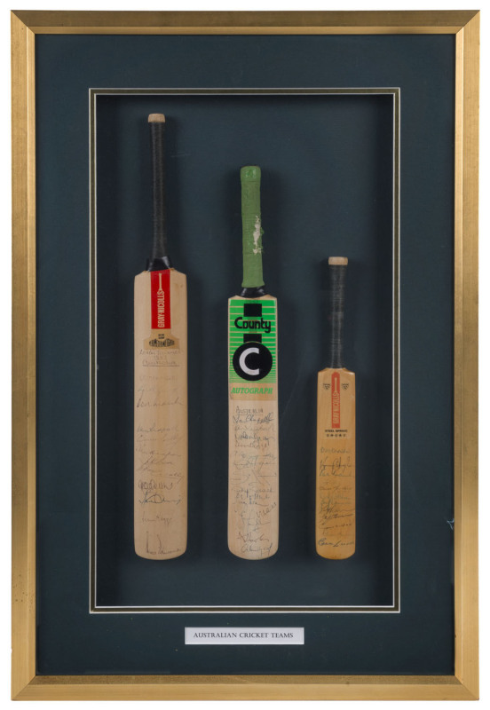 AUSTRALIA: framed and glazed display of three c.1980s miniature bats signed by various Australian teams, one identified as a team that faced the Lord's Taverners in 1987; numerous signatures including Ian Chappell, Greg Chappell, Kim Hughes, David Hookes,