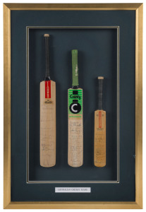 AUSTRALIA: framed and glazed display of three c.1980s miniature bats signed by various Australian teams, one identified as a team that faced the Lord's Taverners in 1987; numerous signatures including Ian Chappell, Greg Chappell, Kim Hughes, David Hookes, Geoff Lawson, Graham Yallop, Bruce Yardley, Ian Redpath, Bruce Laird & Graeme Wood; framed & glazed, 65.5x43.5cm.