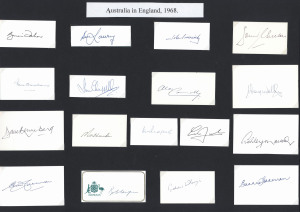 AUSTRALIA IN ENGLAND 1968: Original pen signatures of 17 of the Australian touring party, each on an individual card. Noted Bill Lary, Brian Taber, John Gleason, Ian Chappell, Neil Hawke, Ian Redpath and Bob Cowper.