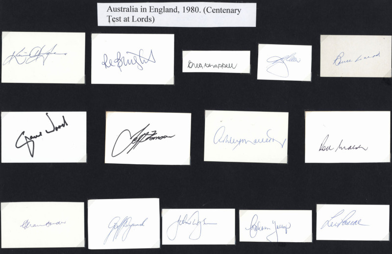 AUSTRALIA IN ENGLAND 1980: Original pen signatures of the Australian touring party for the Centenary Test at Lords, each on an individual card. Noted Greg Chappell, Kim Hughes, Dennis Lillee, Rod Marsh, Alan Border & Len Pascoe. (14).