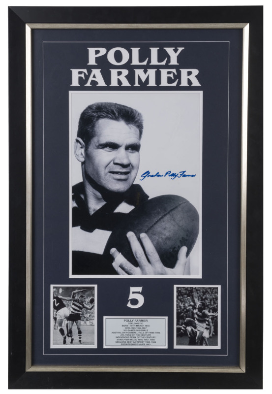 GEELONG - GRAHAM "POLLY" FARMER": mounted display featuring signed image of Farmer (43x28.5cm), two action photographs and commemorative plaque identifying his career highlights; framed & glazed, overall 90x57cm.