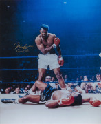 MUHAMMAD ALI: signed colour photograph (49x39cm) of a triumphant Ali standing over a vanquished Sonny Liston, following his 1st round KO of Liston during their May 1965 rematch; framed & glazed, overall 81 x 62.5cm. - 2