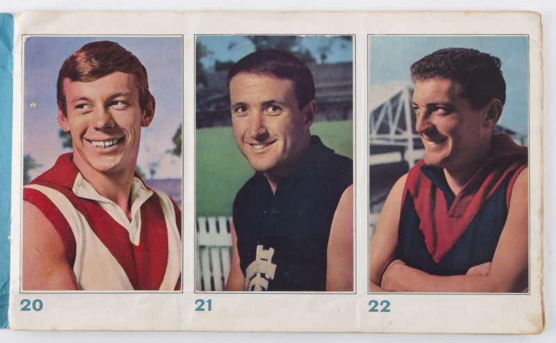 1964 MOBIL 'VFL' Photo Cards: "Stars from all the Teams" incl. Ron Barassi (No 4), Ted Whitten (No 12) & Polly Farmer (31), all are glued down into Mobil album. [36/40], G/VG.