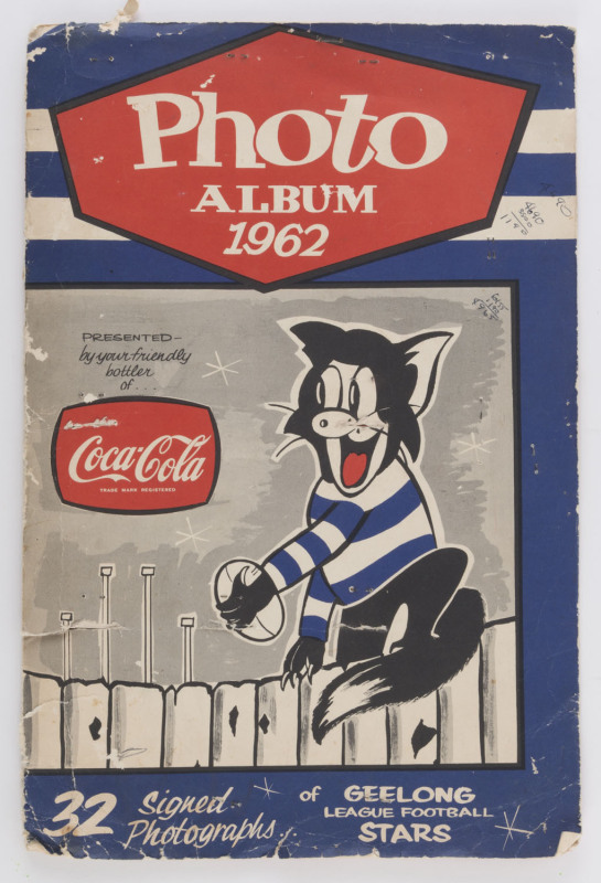 GEELONG: 1962 Coca-Cola "Geelong League Football Stars", part set [26/32] including "Polly" Farmer, all are stapled into a special album (faults); fair/G.