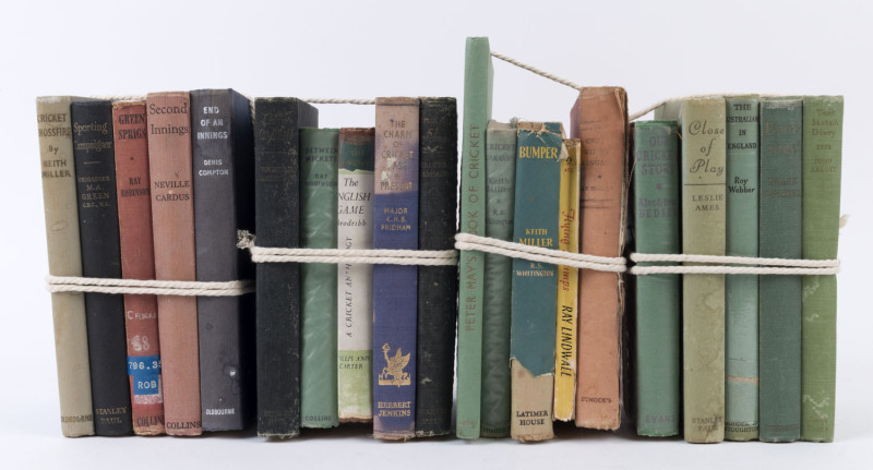 LITERATURE: Library of mostly 1950s hardbound titles incl. "Brightly Fades 'The Don'" by Jack Fingleton, "End of an Innings" by Denis Compton, "Second Innings" by Neville Cardus, "Cricket Crossfire" by Keith Miller, "Close of Play" by Leslie Ames, "Test