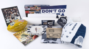 GEELONG: Collection of memorabilia incl. 2007 Premiership beach towel, cap, commemorative football, Monopoly board game, Grand Final football record; also AFL supporter scarf; also framed & glazed image of Gary Ablett (31x22cm), 1963 "The Sun" GF souvenir, 1997 Barry Stoneham commemorative plate (#680 of 1500 issued)