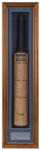 1985 WORLD CHAMPIONSHIP OF CRICKET - ONE DAY INTERNATIONAL TOURNAMENT: full size Cricket Bat signed by all seven competing teams - Australia, England, West Indies, New Zealand, India, Pakistan & Sri Lanka, including captains Allan Border, David Gower, Sunil Gavaskar, Geoff Howarth, Javed Miandad, Duleep Mendis & Clive Lloyd; framed and glazed display 108 x 27cm, depth 11cm.