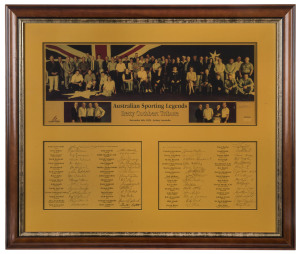 "AUSTRALIAN SPORTING LEGENDS - BETTY CUTHBERT TRIBUTE": display comprising window mounted large group photograph with 57 signatures beneath including Olympians Herb Elliot, Ron Clarke, John Landy, Debbie Flintoff-King, Rob De Castella as well as other leading sportsmen incl. John Newcombe, David Campese, Ian Chappell, Johnny Famechon, Evonne Goolagong-Cawley, Alex Jesaulenko, Nick Farr-Jones, Dennis Lillee & Richie Benaud;