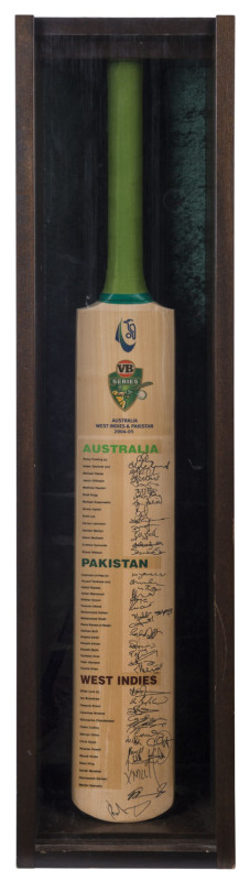 2004-2005 VB SERIES - ONE DAY INTERNATIONAL TOURNAMENT: full size Cricket Bat signed by all three competing teams - Australia, Pakistan & West Indies, signatures incl. captains Ricky Ponting, Inzamam-ul-Haq & Brian Lara; framed and glazed display, 90 x 21
