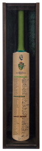 2004-2005 VB SERIES - ONE DAY INTERNATIONAL TOURNAMENT: full size Cricket Bat signed by all three competing teams - Australia, Pakistan & West Indies, signatures incl. captains Ricky Ponting, Inzamam-ul-Haq & Brian Lara; framed and glazed display, 90 x 21.5cm, depth 18.5cm. Australia and Pakistan contested the two-match final, Australia prevailing in both games, Brett Lee being named as Player of the Series.
