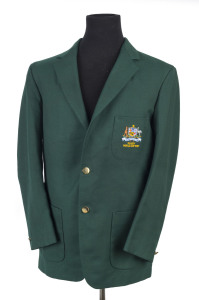 1987 Rugby World Cup Australian team blazer, made by Ambrosoli & Thompson (Sydney) with Australian Coat of Arms and 'RUGBY/WORLD CUP 1987' embroidered on the pocket, named for "J. Miller" (Jeff Miller) on the manufacturer's label. [Jeff Miller was capped