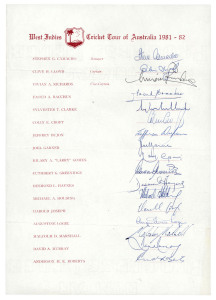 1981-82 WEST INDIES TEAM: "West Indies Cricket Tour of Australia 1981-82" on official headed notepaper, with 17 signatures including Clive Lloyd (Captain), Viv Richards (Vice-Captain), Des Haynes, Gordon Greenidge, Jeffrey Dujon, Michael Holding, Malcolm Marshall, Andy Roberts & Joel Garner plus tour manager Steve Camacho.