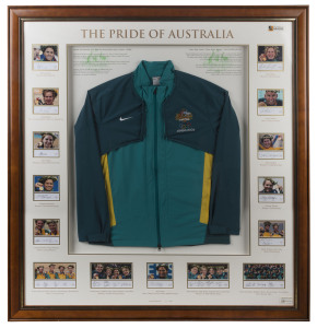 2004 Athens Olympics: AUSTRALIAN OLYMPIC TEAM JACKET: mounted in a framed & glazed display, surrounded by images of all Australia's gold medallists with signatures beneath, limited edition, numbered 16/250, A-Tag authenticated; overall 122x130cm.