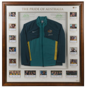 2004 Athens Olympics: AUSTRALIAN OLYMPIC TEAM JACKET: mounted in a framed & glazed display, surrounded by images of all Australia's gold medallists with signatures beneath, limited edition, numbered 16/250, A-Tag authenticated; overall 122x130cm.